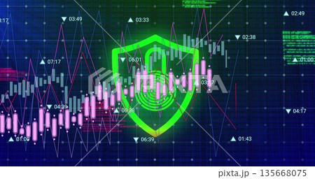 Interface displaying pink?white candlesticks, purple?blue lines on grid with shield?icon code?text 135668075