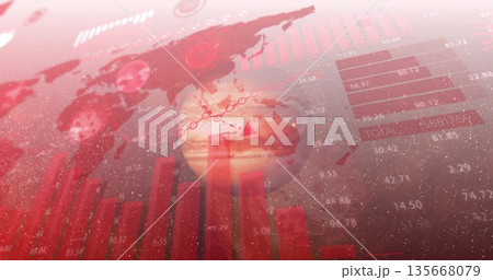 Displaying dashboard showing world map overlay, globe, red bars, line graph markers, data labels Displaying dashboard showing world map overlay, globe, red bars, line graph markers, data labels 135668079
