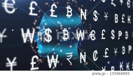 Featuring blue dotted mesh head facing left in data network, with floating currency symbols Featuring blue dotted mesh head facing left in data network, with floating currency symbols 135668093