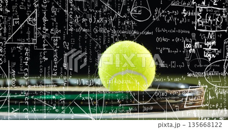 Balancing yellow tennis ball on tennis racket strings on green court, with overlaid math formulas 135668122