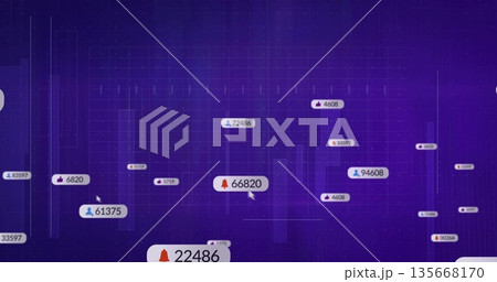Floating bell-icon badge showing 66820 hovering over purple gradient grid, with vertical bar chart Floating bell-icon badge showing 66820 hovering over purple gradient grid, with vertical bar chart 135668170
