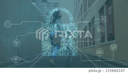 Walking Asian woman wearing helmet in alley with bike digital padlock overlay and infographic icons Walking Asian woman wearing helmet in alley with bike digital padlock overlay and infographic icons 135668187