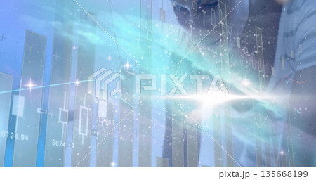 Displaying candlestick, bar and line charts with numeric labels in cosmic nebula, with sparkles 135668199