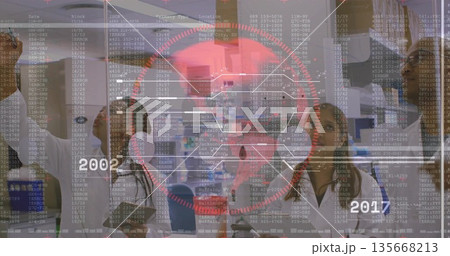 Collaborating researchers sketching diagrams with marker on glass board in lab, with notebook pen 135668213