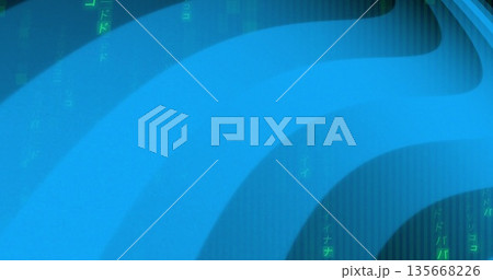 Flowing central blue wave shapes in digital interface environment, with vertical green code symbols 135668226