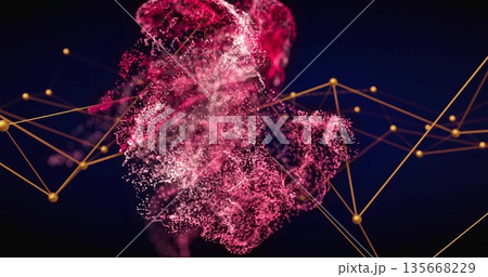 Swirling pinkish-red particle cloud forming golden lines and spherical nodes in virtual space 135668229