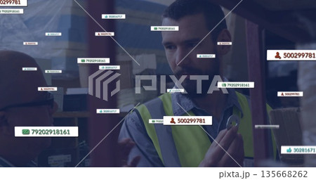 Inspecting packing tape, worker in safety vest pointing to racks in warehouse with digital icons Inspecting packing tape, worker in safety vest pointing to racks in warehouse with digital icons 135668262
