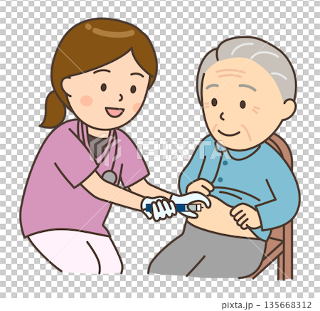 An elderly man receiving an insulin injection from a female nurse 135668312
