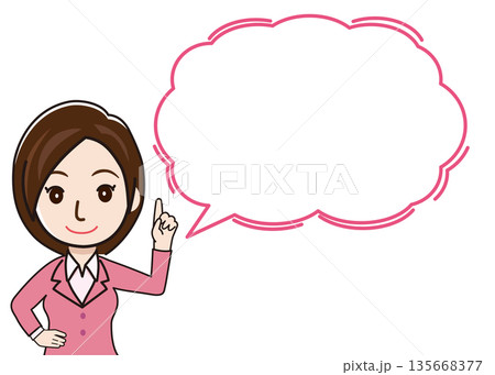 吹き出しと指差しで案内・アドバイスをするビジネスマンの女性のイラスト(コピースペース・ベクター素材) 吹き出しと指差しで案内・アドバイスをするビジネスマンの女性のイラスト(コピースペース・ベクター素材) 135668377