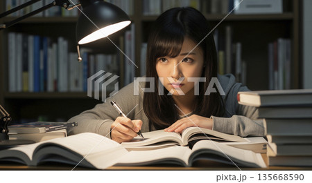 深夜に電気スタンドの下で勉強に集中する受験生　資格試験　真剣 135668590
