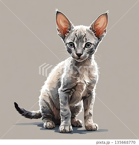 コーニッシュレックスの子猫が前足をそろえて座るイラスト 135668770