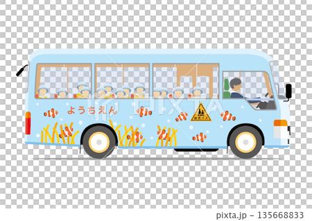 一輛淺藍色的幼兒園班車（側放）和孩子們 135668833
