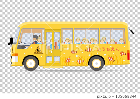 黃色幼兒園班車（側向行駛）和孩子們 135668844
