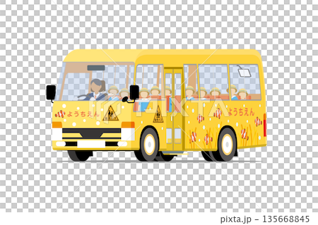 黃色幼兒園班車（斜向前行駛）和孩子們 135668845