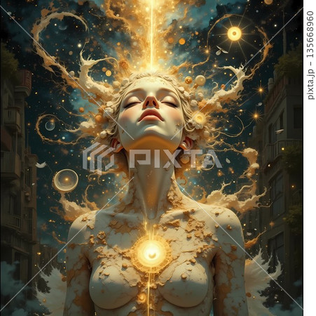 幻想的な黄金色の光に包まれた美しい女性 幻想的な黄金色の光に包まれた美しい女性 135668960
