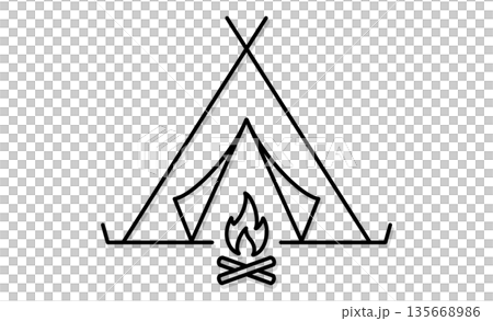 業餘露營：帳篷和營火的簡單圖標插圖 135668986