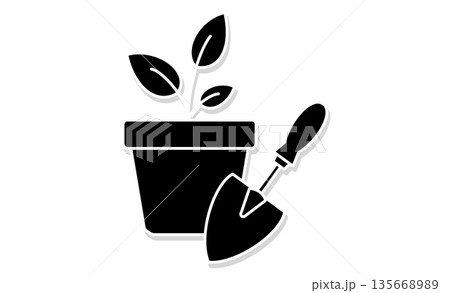 趣味の園芸：植木鉢とスコップのシンプルなアイコンイラスト 135668989