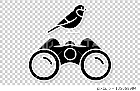 業餘觀鳥：雙筒望遠鏡和鳥類的簡單圖標插圖 135668994