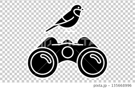 趣味のバードウォッチング：双眼鏡と鳥のシンプルなアイコンイラスト 135668996
