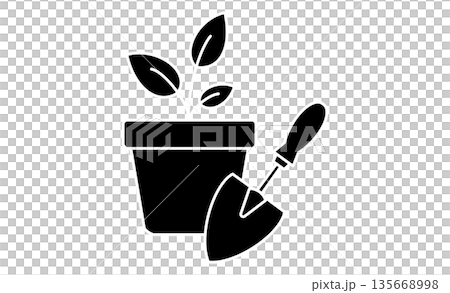 趣味の園芸：植木鉢とスコップのシンプルなアイコンイラスト 135668998