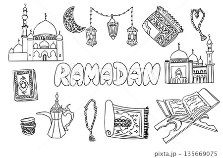 Hand drawn vector illustration set with Ramadan symbols including mosque, lantern, prayer rug, book and decorative elements in outline style. The concept represents Islamic tradition, holy celebration 135669075