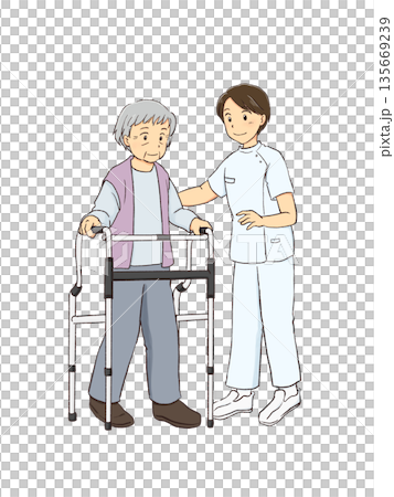 歩行器を使って歩行訓練する高齢者 135669239