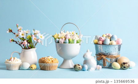 Colorful Easter background featuring painted eggs and spring tulips for a festive holiday celebration with floral blossoms and nature-inspired decorations in pink and yellow art design Colorful Easter background featuring painted eggs and spring tulips for a festive holiday celebration with floral blossoms and nature-inspired decorations in pink and yellow art design 135669536