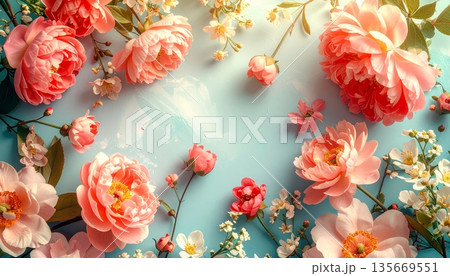 Beautiful spring floral pattern featuring red, white, and yellow tulips with green leaves on a wooden background for a natural summer bouquet illustration 135669551