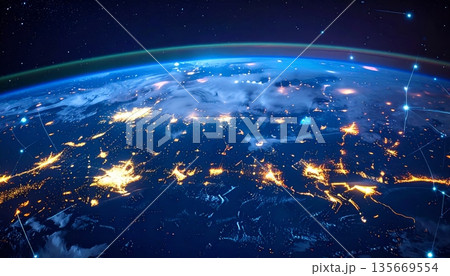 An abstract space and Christmas background featuring a glowing blue planet Earth sphere amidst a starry galaxy universe with shimmering light and ethereal clouds 135669554