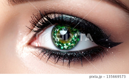 Macro beauty closeup of a fashion model's face showing a green eyeshadow makeup look on her iris and eyelashes with a focus on skin and eyebrow Macro beauty closeup of a fashion model's face showing a green eyeshadow makeup look on her iris and eyelashes with a focus on skin and eyebrow 135669573
