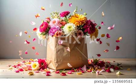 A festive red Christmas gift box adorned with a gold ribbon bow sits beside a pink rose flower bouquet and holiday decorations for a celebratory Valentine or wedding present A festive red Christmas gift box adorned with a gold ribbon bow sits beside a pink rose flower bouquet and holiday decorations for a celebratory Valentine or wedding present 135669581