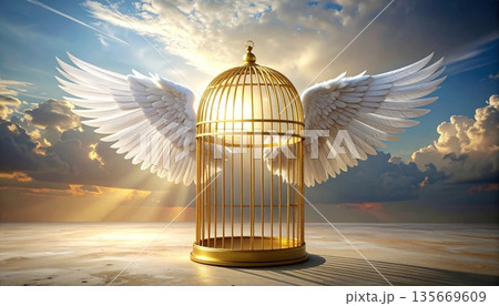 3D illustration of a vintage golden angel with wings flying by an open metal birdcage near a Christmas tree in a winter snow sky background as a symbol of freedom from a glass prison 3D illustration of a vintage golden angel with wings flying by an open metal birdcage near a Christmas tree in a winter snow sky background as a symbol of freedom from a glass prison 135669609