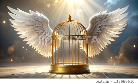3D illustration of a vintage golden angel with wings flying by an open metal birdcage near a Christmas tree in a winter snow sky background as a symbol of freedom from a glass prison 3D illustration of a vintage golden angel with wings flying by an open metal birdcage near a Christmas tree in a winter snow sky background as a symbol of freedom from a glass prison 135669610