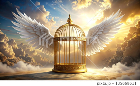 3D illustration of a vintage golden angel with wings flying by an open metal birdcage near a Christmas tree in a winter snow sky background as a symbol of freedom from a glass prison 135669611