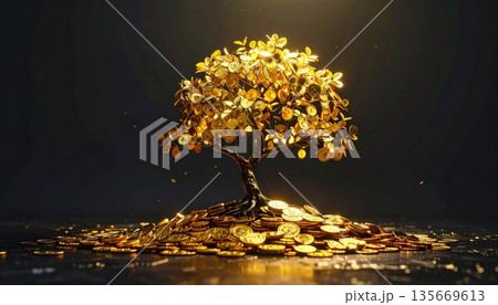 Golden Christmas tree glows under night sky fireworks reflecting over a winter lake and sea landscape in a cold nature park Golden Christmas tree glows under night sky fireworks reflecting over a winter lake and sea landscape in a cold nature park 135669613