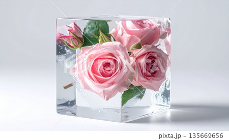A romantic bouquet of blooming pink roses in a glass vase serves as a beautiful floral decoration for a Valentine's Day gift or wedding celebration 135669656