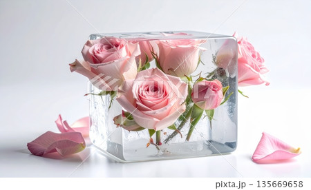 A romantic bouquet of blooming pink roses in a glass vase serves as a beautiful floral decoration for a Valentine's Day gift or wedding celebration 135669658