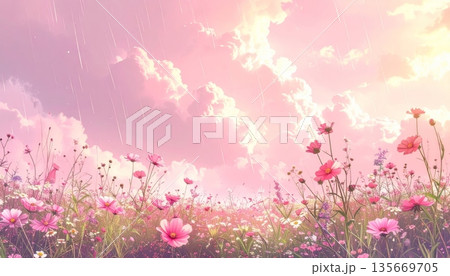 A beautiful spring nature background featuring pink cherry blossoms and floral petals scattered in a garden field with green leaves for a seasonal summer art design A beautiful spring nature background featuring pink cherry blossoms and floral petals scattered in a garden field with green leaves for a seasonal summer art design 135669705