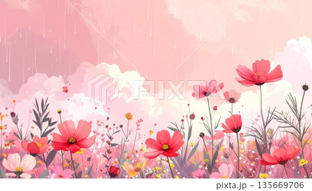 A beautiful spring nature background featuring pink cherry blossoms and floral petals scattered in a garden field with green leaves for a seasonal summer art design 135669706