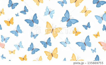Colorful spring nature vector illustration of a seamless pattern with butterflies featuring artistic summer insect wings and floral decoration for a beauty wallpaper design 135669755