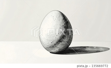 Isolated 3d white egg sphere and round glass ball object on a grey table with a chicken egg in a black circle bowl resembling a pearl planet in space 135669772