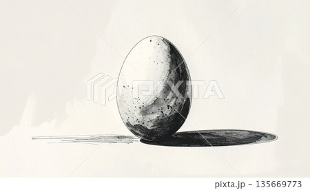 Isolated 3d white egg sphere and round glass ball object on a grey table with a chicken egg in a black circle bowl resembling a pearl planet in space 135669773