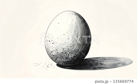Isolated 3d white egg sphere and round glass ball object on a grey table with a chicken egg in a black circle bowl resembling a pearl planet in space 135669774