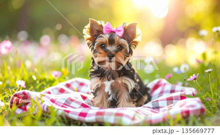 An adorable little purebred Yorkshire terrier puppy with long hair sits in the green garden grass as a cute small breed canine pet portrait 135669777