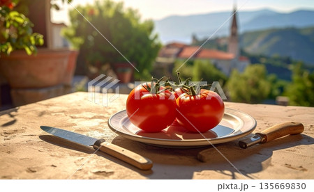 Fresh ripe organic tomatoes on a wooden chopping board in a kitchen serve as a healthy raw ingredient for a juicy red vegetable salad Fresh ripe organic tomatoes on a wooden chopping board in a kitchen serve as a healthy raw ingredient for a juicy red vegetable salad 135669830