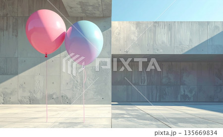Pink balloons seen through a glass window of an old wooden house against a blue sky view 135669834
