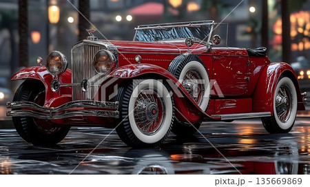 Classic Red Convertible Reflecting City Lights at Night 135669869