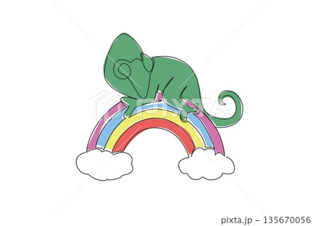 Single line drawing of charming green chameleon resting gracefully across a colorful rainbow arc positioned above blooming flowers. nature concept for cute reptile perfect for kids room wall decor Single line drawing of charming green chameleon resting gracefully across a colorful rainbow arc positioned above blooming flowers. nature concept for cute reptile perfect for kids room wall decor 135670056