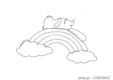 One line drawing of whimsical hardworking beaver relaxing in a supine position on a rainbow arc between two clouds. Nature concept wildlife creature, perfect for nursery print and kids wall decor One line drawing of whimsical hardworking beaver relaxing in a supine position on a rainbow arc between two clouds. Nature concept wildlife creature, perfect for nursery print and kids wall decor 135670057