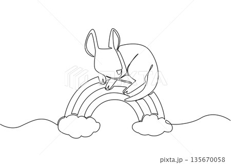 One line draw of sweet kangaroo resting its head on rainbow arc, lounging comfortably between two clouds. Nature concept for cute wild animal, ideal for nursery wall art and Australia Day celebration 135670058